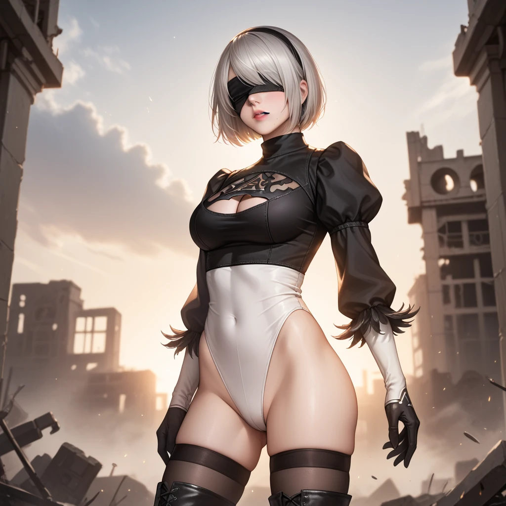 back view, (view from above), （（realistic raytraicing，best qualtiy，8K，tmasterpiece：1.3）），YoRHa2B，2bcosplay，2b，1girll，1girll，Beautiful woman with perfect figure：1.4，Abs：1.1，（straight bangs，：1.5），hair covering one eye，Dairy-free rubber clothing ：1.2，Super detailed face，Detailed eyes，double eyelid，Perfect hands, perfect fingers, Perfect breasts, Perfect hair, Perfect face, Perfect body, Perfectcomposition， Ray traching， unreal-engine， Surrealism at the highest resolution， (Yorha No. 2 Type B)、((n_2b))、YORHA 2B、(Nier Automata 2B Hairstyles), cleavage, (Nier:Automata 2B Cosplay:1.3), (bend over chair presenting her ass to viewer protruding ass accentuate ass round ass), (black skirt)