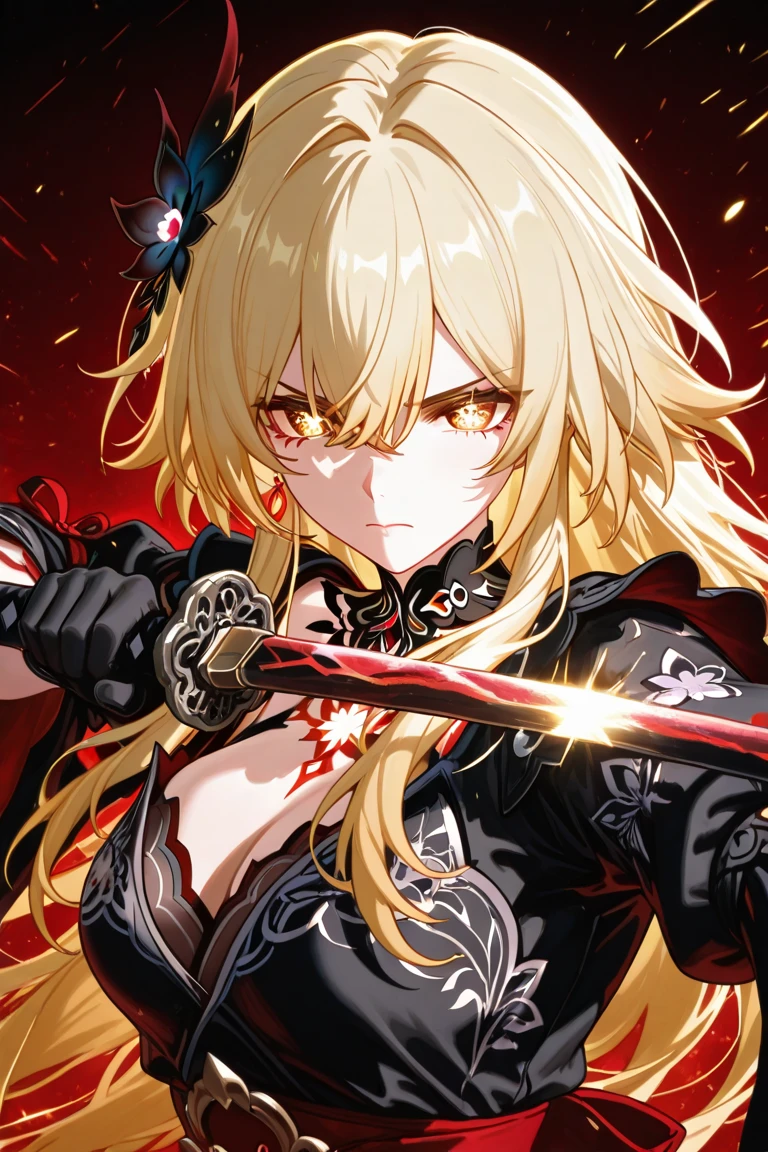High quality, HD, 4k, Beautiful girl, mature, blonde hair, gold hair, red eyes, serious, medium breast, red dress, black leather uniform, looking at viewer, upper body