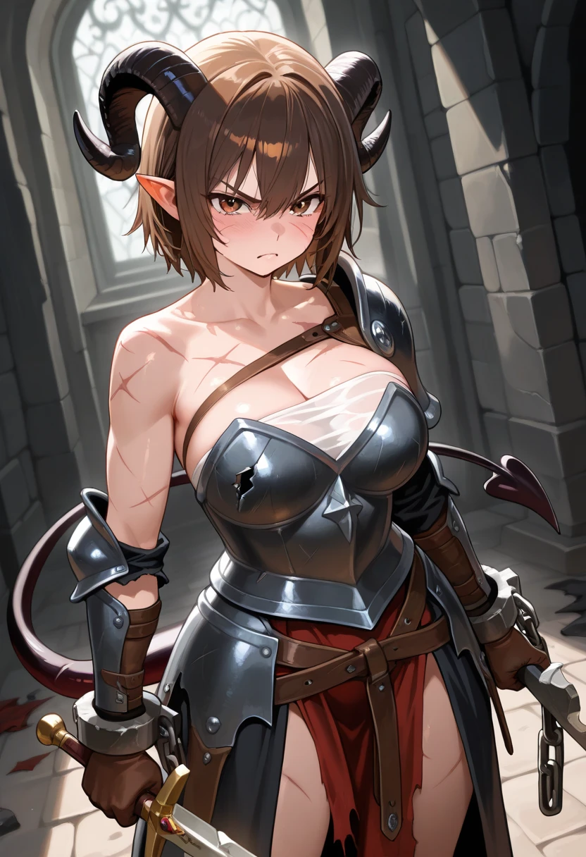 Masterpiece, best quality, expressive eyes, perfect face, 1girl, solo, horns, cow girl, animal ears, breasts, cow tail, abs, muscular, cow ears, chain, muscular female, smile, gloves, fingerless gloves, axe, cow horns, earrings, monster girl, grin, jewelry, brown hair, tail, large breasts
