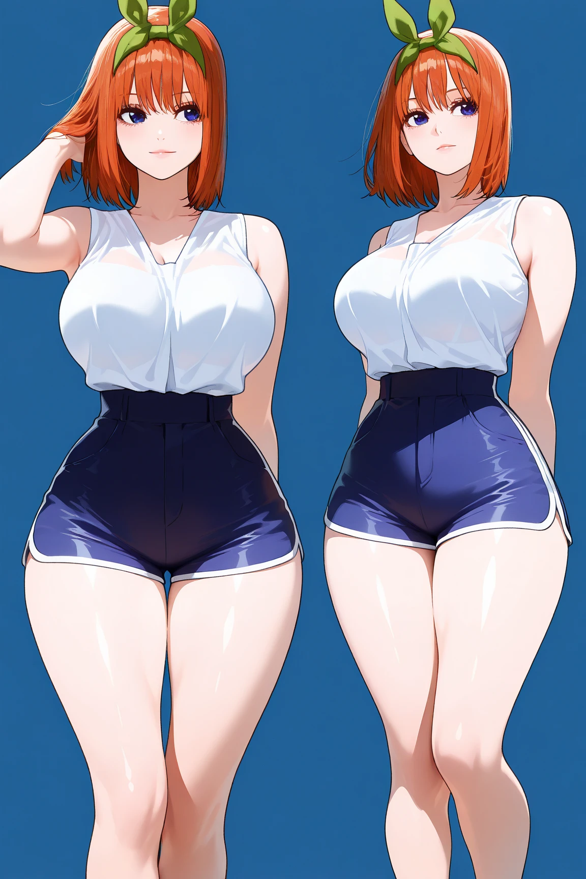 A character turnaround of a girl, (hotify:1.2),27 years old,reference sheet, (character design, front, back, side) tall,red_hair,short hair, detailed hair, smile,white shirt,only shirt,short shirt, big breasts, (wide hips:1.2), blue leggings, body tight leggings, perfect eyes, blue eyes,detailed eyes, bare navel, free hands, intricate details, best quality,1girl,ultra high res, full body, multiple views of the character in the same outfit, simple background, white background