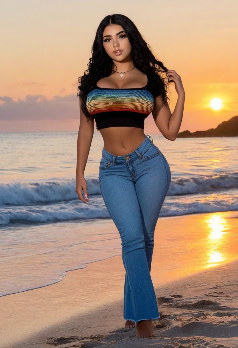 Obra prima , mulher bonita, cabelo castanho  ,pele cor de bronze, jeans curto curto , seios grandes , cintura pequena , bumbum empinando e grande , mini blusinha de seda bege , corpo bonito , pernas musculosas , rosto delicado , sexy position, olhar para telespectador , moist mouth , praia a noite , Moon in the sky, 8K , maximum quality, Professional Lighting, pele brilhante, fundo praia realista , com cachoeira