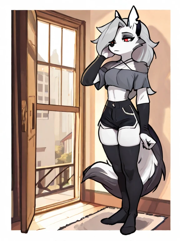 Nervous smiling, uploaded the e621, beautiful and detailed, woman (((female))) ((anthro)) Cat, (Cat girl), by waspsalad, by phluks, by zero-sum, cinematic lighting, Cat, (anthro, fluffy fur, character focus:1.1), 1girl, anthro cat girl, body fur, gray fur, gray body, gray hair, curvy, sexy, nice, cute, hot, comfortable anime-style cartoon-style, digital drawing, (half-closed eyes), blue eyes, black t-short, panties, collar, censured nude