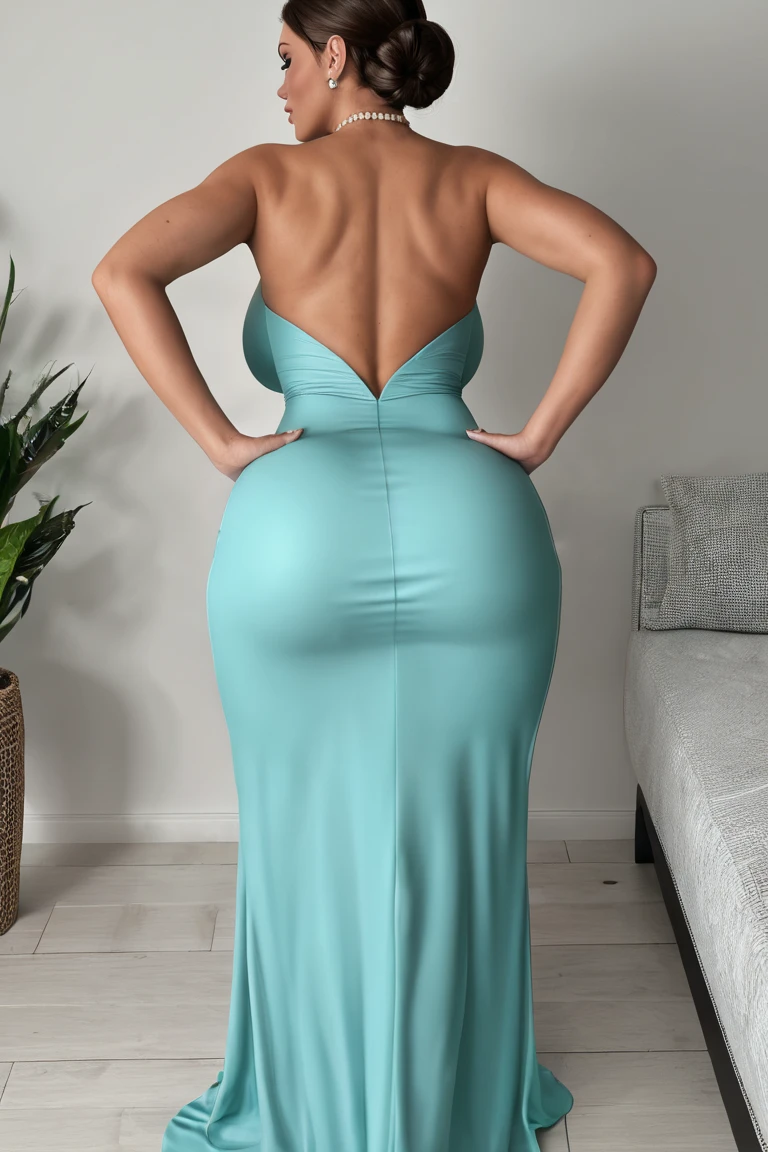 One person, Shortcuts, Large Breasts,Plump,Sunburn,健康的なSunburnした茶色の肌,big ,See through,Big Tits,Saggy breasts,Idol,Idolの衣装, A long satin dress with a slit and a V-neckline with a wide open back,Coordinate with silver accessories and high heel strap sandals,The colors are deep purple and emerald green.,