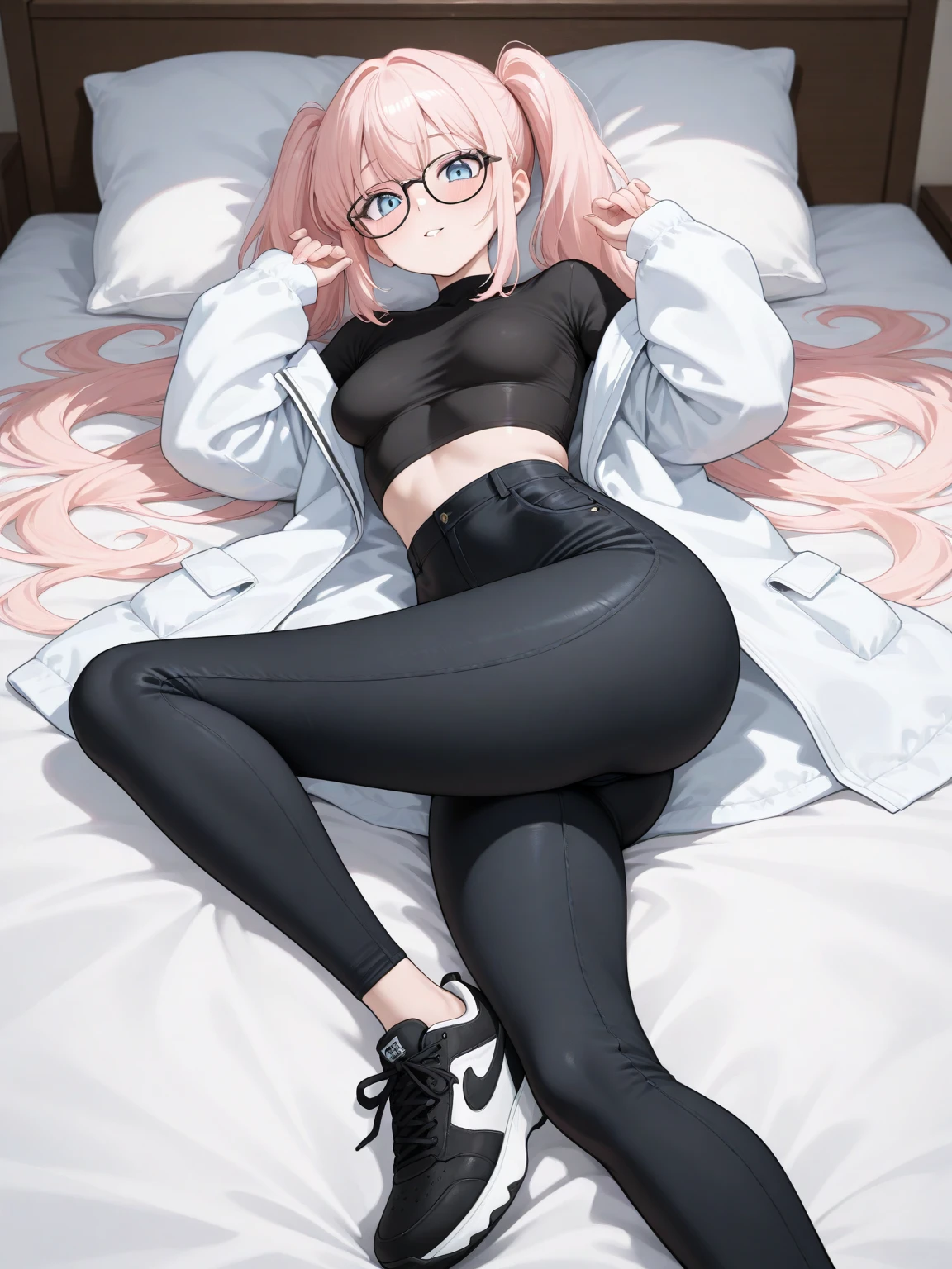 the masterpiece， Best quality at its best， 1 Girl，One， Sakura Haruno， small breasts，（lower body close up)，raised sexy，crying，with pink hair， Long white hair， （green eyes:1.3)， Forehead Protection， angry，,red clothes, tight black glossy bicycle shorts, lying on his stomach on the bed, hips are vertical, knees on the floor, the back is arched back, hands tied with rope on back , view of feet 
