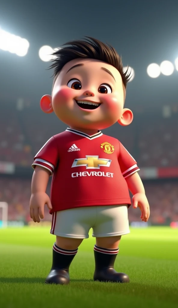 Illustration: A cute boy wearing a Manchester United shirt shows a shocked expression in a realistic and funny style on a white background.