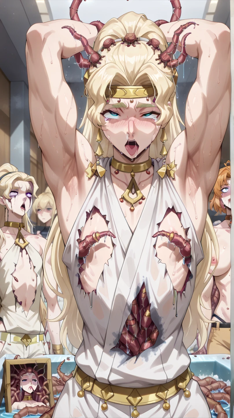 medieval punishment noble slave rags leash berlinda carrying huge cross on the back of her body and swinging her nipples with many goblins plaza, a girl with milk in front of her, a picture of her flushed face behind her gun exposed with gooey goop dripping all over her body, lewd face, a drawing of a debauchery priest many cultist of aphrodite, pudica pose gesture, cell shaded adult animation, sketchy artstyle, gesture drawn, holding a pudica pose, body pose!, full body drawing, full character body, full body concept, full body; front view, female full body, realistic proportions!!, entire body