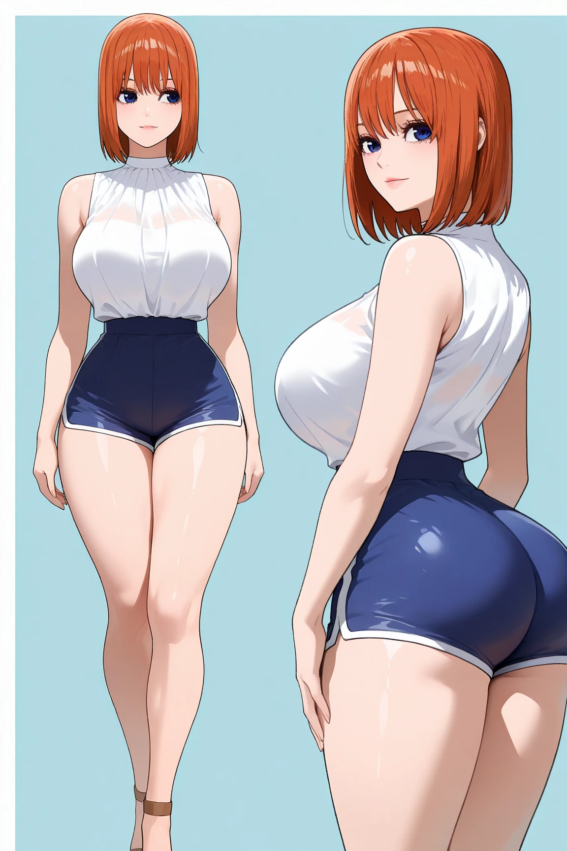 Kousaka honoka, blue eyes, (orange hair:0.8),white micro bikini, side-tie bikini, cow paint, cow print thighhighs, hands on hips, smile, serious eye,blush,big breasts, underboob,thicc , curvy body, from behind