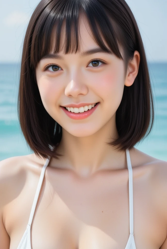 ((Standing on a hill overlooking the sea)),(masterpiece)、(Highest quality:1.5)、(Photorealistic:1.2)、(Surreal), (High resolution), (Realistic), (Post-processing),(Sharp focus), Sharp focus:1.2,Backlight, (Improvement of quality:1.4), (Narrow waist)、((Perfectly detailed five-fingered hands)),(Anatomically correct body)、((1 female:1.4))、Japanese、Realistic Skin、(Small chest:1.4)、Bust size is A cup、A pretty woman with a slender figure:1.4,(from the front:1.5), (Enhances the beauty of skin texture:1.1),No makeup、美しいBlack Hair、smile、Natural color lip、(Small Mouth:1.4)、The mouth is not open、Thick lips、(Oval Face)、Even bangs、Hide eyebrows with bangs、((33-year-old woman))、Bob Hair、Hair blowing in the wind, (Black Hair, Iris, Watery eyes, Shining Eyes, Bob cut hair,), Hair behind the ear、No makeup、(Drooping eyes)、(((One lovely woman)),((優しい大きなsmile)),(( Small breasts,Small breastsの谷間)),((((Plump Cheeks)))),very cute,(Baby Face),Raccoon face,erotic、Colorful color micro bikini、(((whole body:1.5))), Put your face close to LoRA,