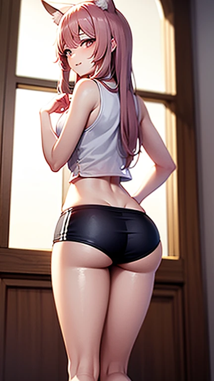 2d, masterpiece, best quality, anime, highly detailed, cowboy shot, 1girl, solo, fujiwara chika, blue eyes, pink hair, hair bow, black bow, looks at the viewer, stands with your back to the viewer, seen from behind, ass, big ass, matt-black leggings, gym leggings, sport leggings, flex leggings, shirt, sport shirt, croped shirt, large breasts, big breasts, high quality, 8k, best picture, detailed, high resolution, best pictrure, photo realistic, beautiful image, best image