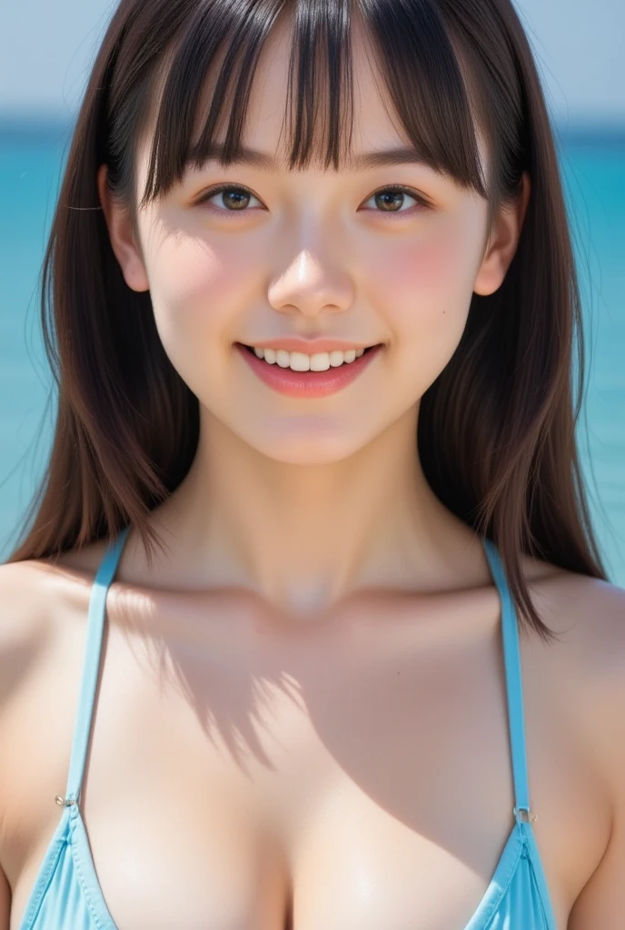 Photorealistic bust portrait of a cute Japanese high school girl at the beach, viewed slightly from above, (cleavage:1.3), wet hair, sunkissed skin, bright smile, sparkling eyes, wearing a vibrant bikini, droplets of water on skin and hair, soft focus blue ocean in background, glimpse of white sandy beach, sunny sky, hyper-detailed skin texture with visible pores and peach fuzz, reflections in eyes, high-quality, ultra-realistic, 8k resolution, perfect lighting, professional photography
Negative prompt: cartoon, anime, illustration, painting, drawing, low quality, blurry, distorted proportions, extra limbs, deformities