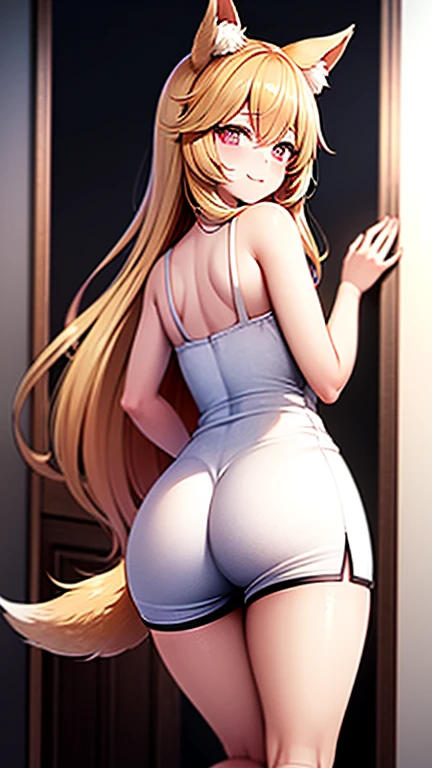 High resolution, Very detailed, perfect lighting, beautiful detailed eyes,   ((masterpiece,Best Quality)), absurdities, alone,     princess zelda, by the width, crown braid, Hair clip, pointy ears, pink shirt, long sleeves, Gloves without fingers, black gloves, smile, curves, nod,   ,  deep neckline, deep neckline, bare breasts, bare breasts, NSFW, visible nipples, visible nipples, view from behind, view from behind, big butt, big butt, Session, pink thong with lace, posing supported with her hands on the floor and also her legs 