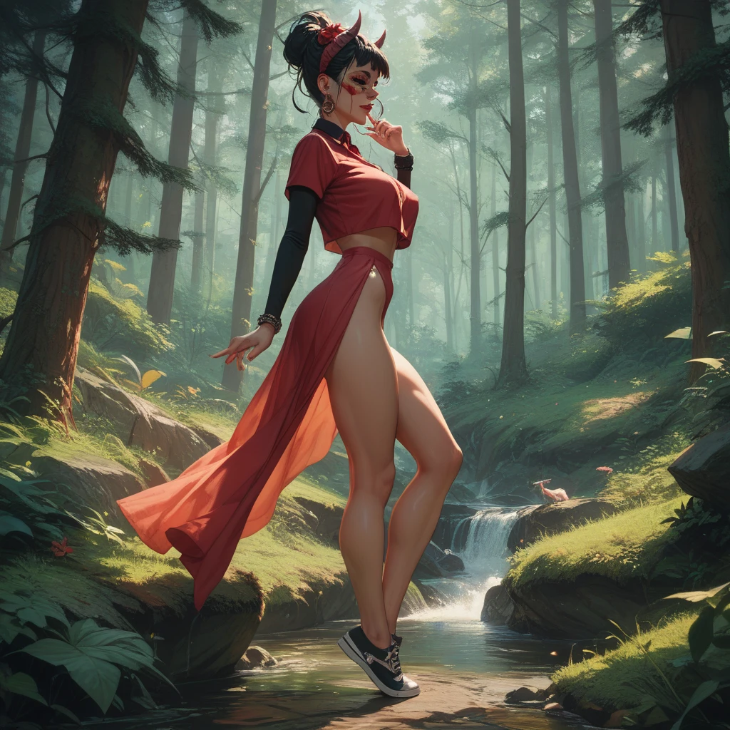 Beautiful Asian sorceress wearing a cloak and lingerie, standing in the jungle