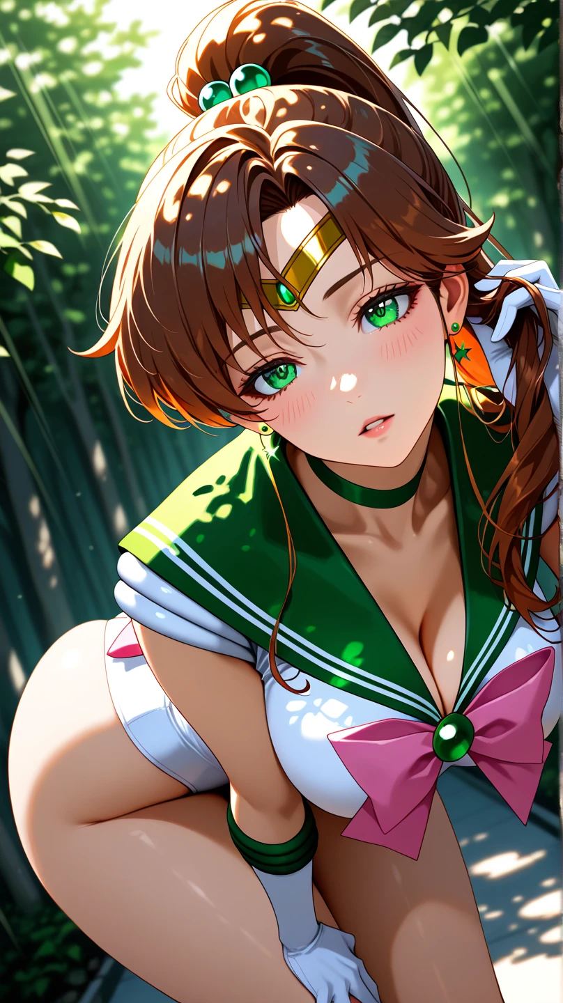 Highest quality, High resolution,((Sailor Jupiter)), One Girl, single, alone, Beauty, bangs, Brown Hair,Long ponytail)), ((Green Eyes, Beautiful eyelashes, )), (( Super anime CG style)), Big Breasts, Dynamic Angle, Perfect body, ((とても恥ずかしいパニックsmile、Look back and see this,(Point your butt forward)、(No underwear)、tall、No sleeve,The ruins in the background are very beautiful,Big eyes,(High definition and very beautiful eyes).smile,((Deep green ultra-mini skirt)),Looking up at the butt,Jupiter is visible,Big Ass,