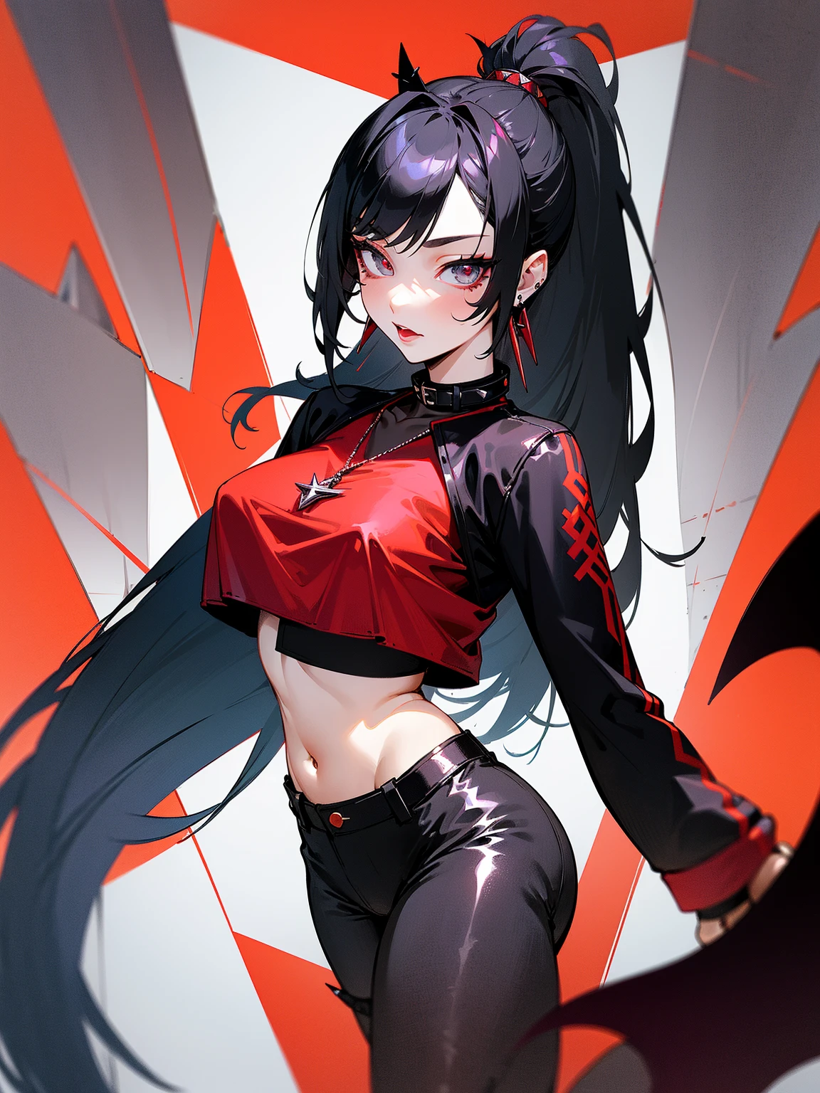 ((Long Straight Black hair)), Perfect face, Choker, Punk earrings, ((Tall)), ((High Quality)), Necklace, ((Mature)), Pretty Eyes, Sharp Nails, Bangs, ((1 Girl)), ((Multiple Earrings)), 1 girl, Spiky Earrings, Adult, Spiked Collar, Thin Eyelashes, Long Tail, Large Tail, Shark Tail, ((Short Pants)), ((Long Sleeve Crop Top)), Close Up, Tall, Long Legs, ((Dynamic Pose)), Black Tail, Pantyhose, Vibrant Colors, Close Up, Sexy, Suggestive, Sexually Suggestive, Skinny, Black Thigh Highs, Teasing, Ponytail, Slender Body, Stylish, Bangs, Wide Hips, Thick Eyeliner Around The Eyes, Tattoo Of Roses On Her Body,