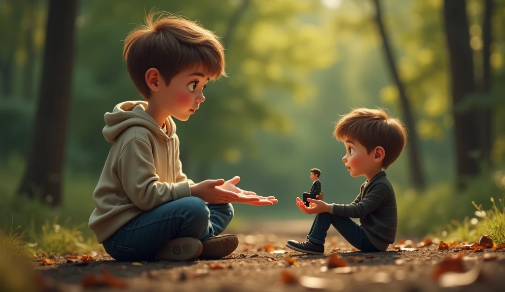 A boy playing with an animated stick soldier