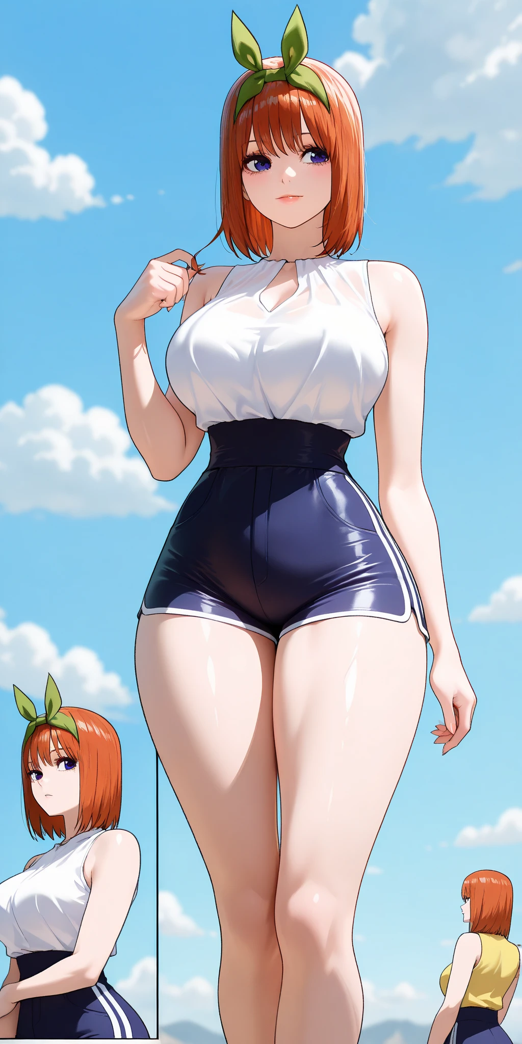 (((masterpiece))), (((best quality))), ((1girl)), highres, sexy, thick thighs, full body, whole body in the picture, sexy pose, skin reflection, glowing skin, light reflect on body , looking at you, perfect face, full body, HDR, UHD, 8K, Highly detailed, extreme detail description, Professional, absurd details, absurd res, detailed background, highest quality, high resolution, clean picture, one piece, nami, beach backgound, anime art style