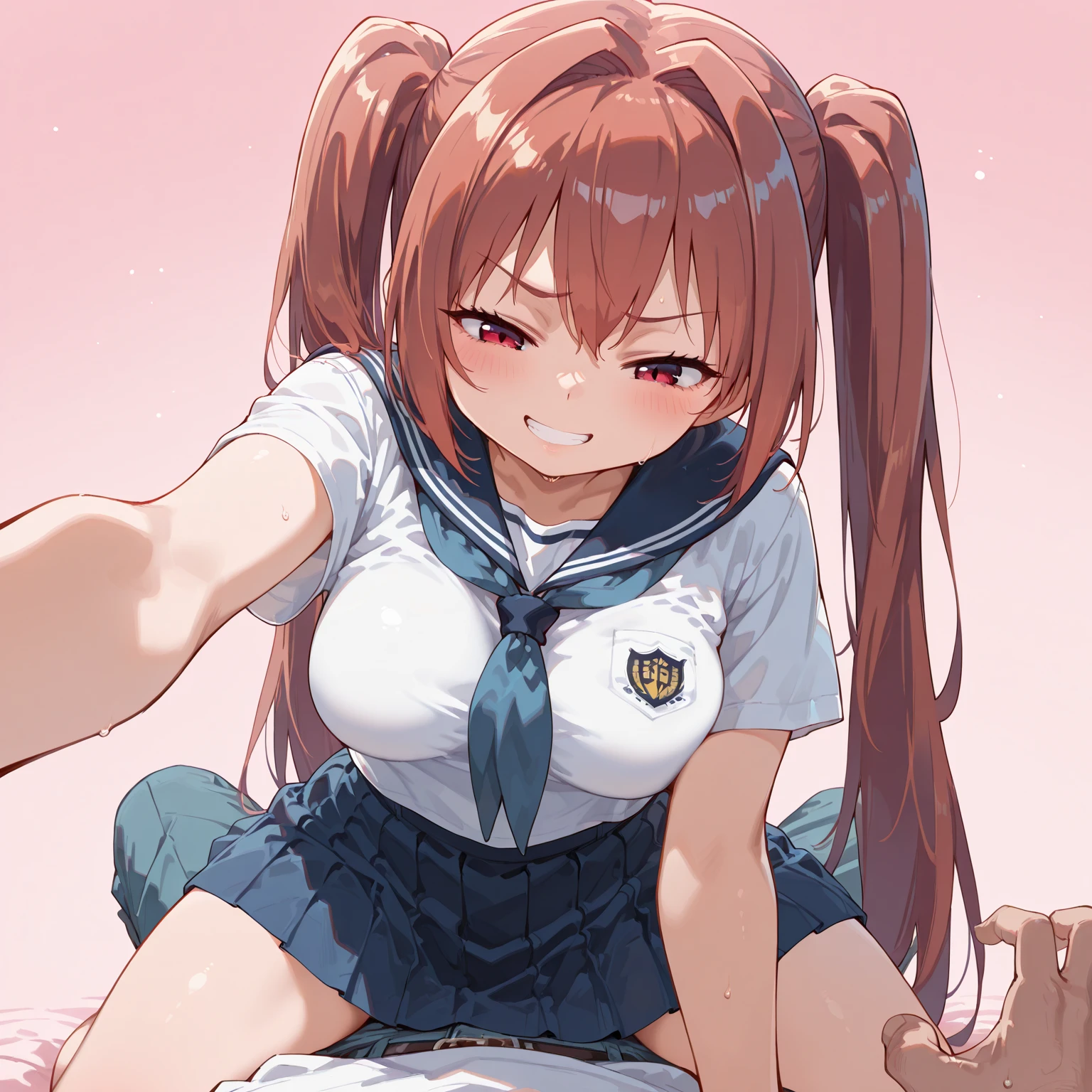 highest quality, Super detailed, masterpiece, Ultra-high resolution, 8k, Ridiculous, Cowboy Shooting, Focus on the girl, Embarrassing, blush, Lovely, Close one eye, With tears in her eyes and her mouth open, drooling, (arms behind head), Classroom Background, [1girl, daiwa scarlet \(umamusume\), umamusume], (Sailor suit), mini skirt, Light blue striped pants,medium breasts, cleavage, crop top navel, Black knee socks,Thighs,Waistline, (high angle shot)