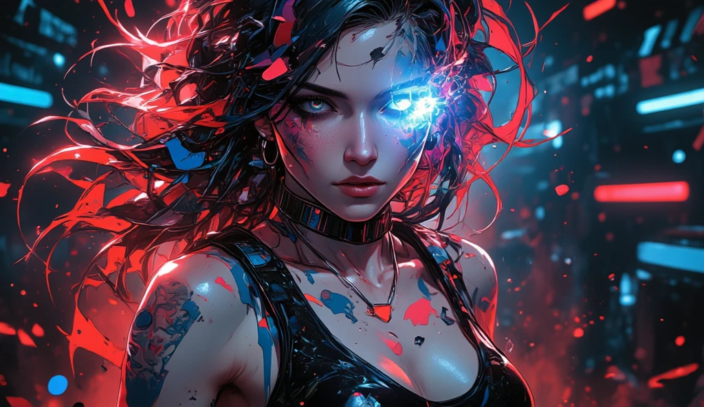 Scarlet,natural perfect breast,muscular body,sitting,in dark fantasy world,abandoned world,(best quality,4k,8k,highres,masterpiece:1.2),ultra-detailed,(realistic,photorealistic,photo-realistic:1.37),oil painting,glowing eyes,flowing hair,mysterious atmosphere,stormy sky,moonlit night,ancient ruins,majestic throne,smoke effects,dramatic lighting,ominous shadows,detailed armor,exquisite katana,energy sparks,floating cherry blossoms,dystopian landscape,symbolic artifacts,sacred symbols,intricate clothing,regal presence,illuminated symbols,descending rain,creeping darkness,ethereal glow,cracked ground,thunderous aura,haunting beauty,commanding posture,strategic gaze,legendary powers,vibrant colors,dimly lit candles,otherworldly charm.