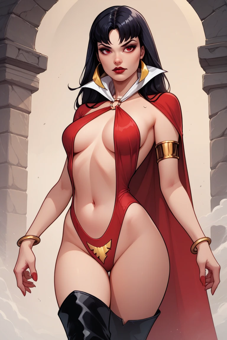sorceress. sexy red robe, black panties, black hair, blank background