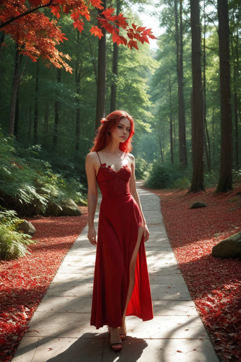 red dress in a forest, red dress Woman, American, 25 years old, fair skin with freckles, green-gray eyes, delicate nose, soft and delicate lips, long wavy ginger-hair, sweet smile. full body portrait photograph. ultra high res.photo realistic: 1.4, UDH,