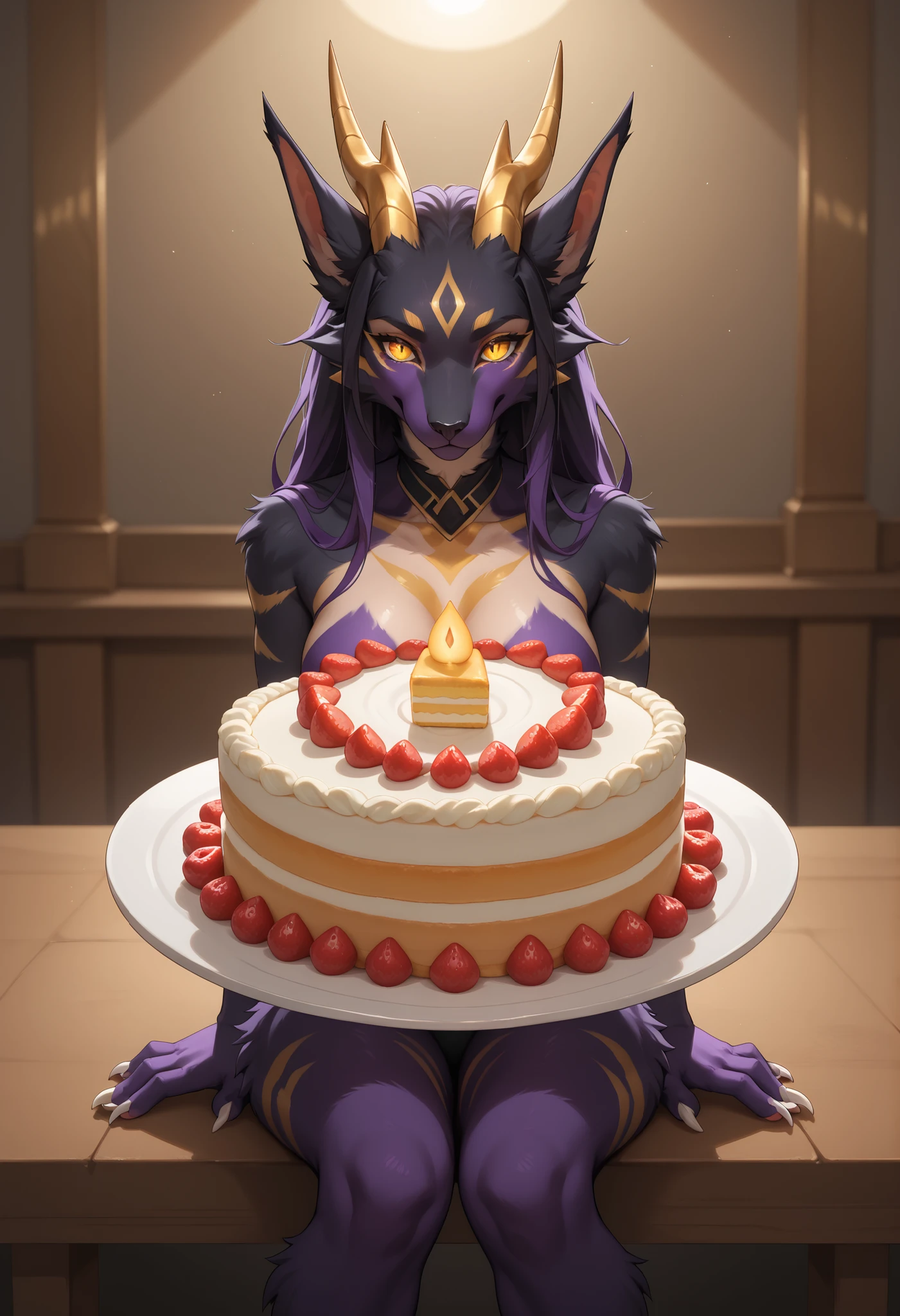 alone, score_9,score_8_up,score_7_up, anthro, female, Eothos,  looking at viewer, fluffy fur, furred dragon, golden mark on forehead, front half of body black with golden stripes, black long black ears, long straight golden horns, golden glowing eyes without pupils, two purple stripes under eyes, golden eyebrows, back half of body purple, front legs orange, hind legs purple, long white claws on paws, white tassel at end of tail, cake transformation, cake dress, cake