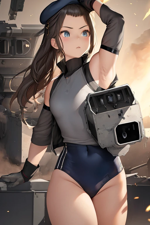 Masterpiece,a girl,bulletproof vest,tactical,brown leggings,long straight hair,(scared:1.4),(huddle:1.5),(flushing:1.2),grab her groin and fell down