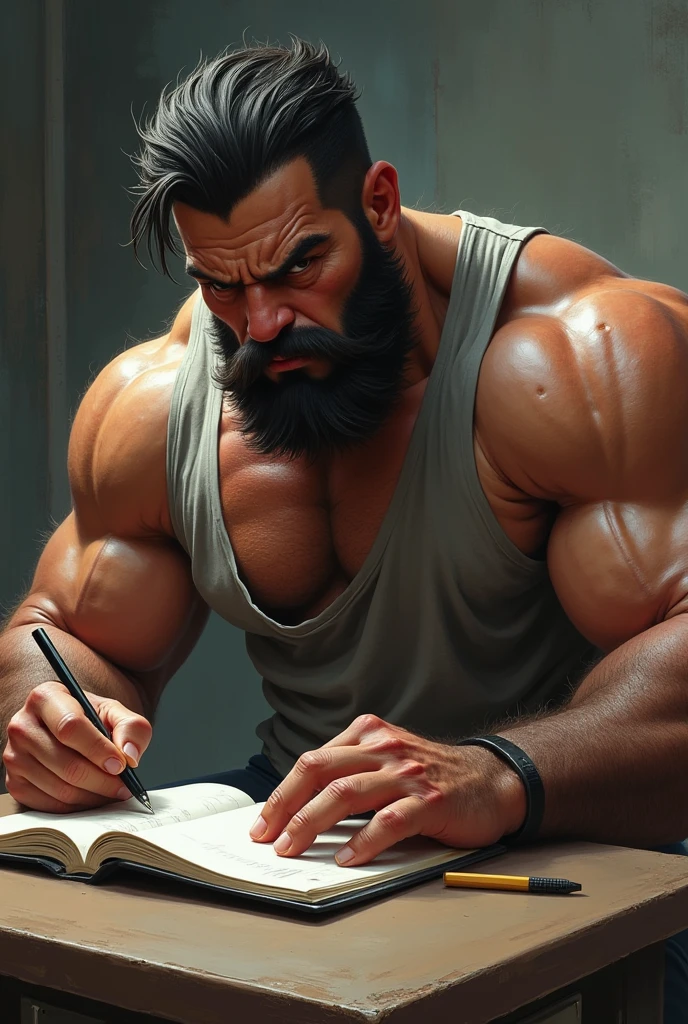 muscular man reading a book,detailed muscle definition,determined expression,intense gaze,ripped physique,heavyweights,bookshelf in the background,bright light illuminating the scene,indoor setting,shadows and highlights creating depth and dimension,high resolution, ultra-detailed,realistic colors,photorealistic style,strong jawline,beard and mustache,serious facial expression,concentrated look,lit by sunlight through a window,study room,lots of books and papers on the desk,modern furniture with clean lines,sleek and minimalistic design,impeccable attention to detail,hardcover books with shiny covers,soft and warm lighting,perfectly arranged bookcase,meticulously organized book collection,paperclips and pens on the desk,artificial intelligence research materials,historical novels and scientific research papers,knowledge and intellect,physical fitness and mental strength,exuding confidence and intelligence.