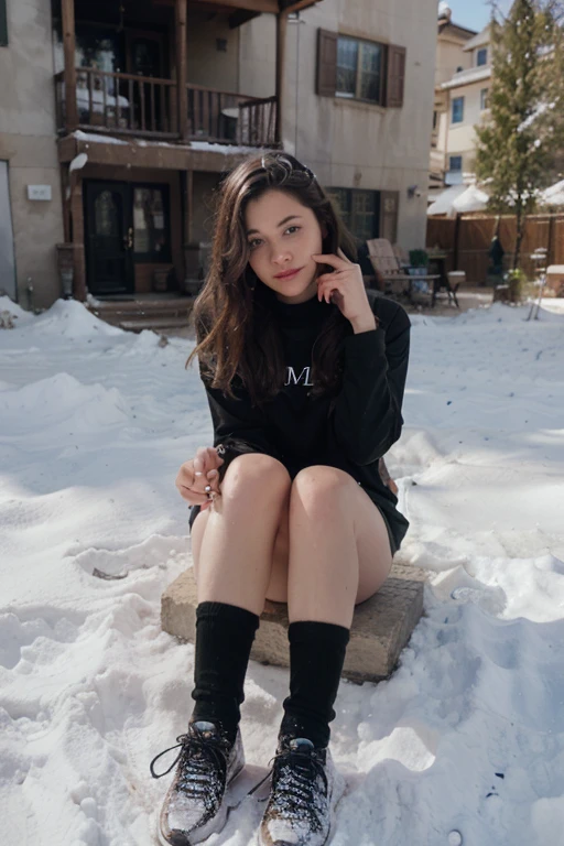 Eleven year old girl in miniskirt and sweater sitting in the snow