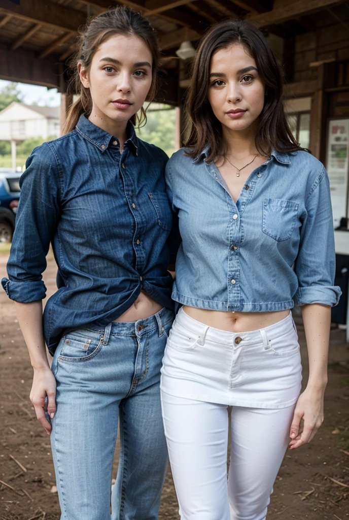 Jennifer lopez left side and jennifer garner right side - the two womans standing by side, Closeup view of an outdoor skinny but extremely athletic and pale emo female prisoner wearing orange prison shirt with poorly and unevenly cut sleeves. She is tied standing behind to the restraint chair in prison, one arm are in Handcuffs chained. She is in a situation where she is sits to a prison chair. She is also wearing very loose, flappy, orange prison pants, in the background prison grids, legs are defendly closed, dark brown hairs, looking in the camera