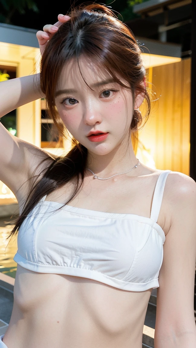 ((Best quality, 8k, Masterpiece :1.3)), 1girl, Pretty woman with emphasizing feminine abs :1.3, Huge breasts :1.2, (Bathtub, Wet outfit :1.1), Ultra-detailed face, Highly detailed lips, Detailed eyes, Double eyelid