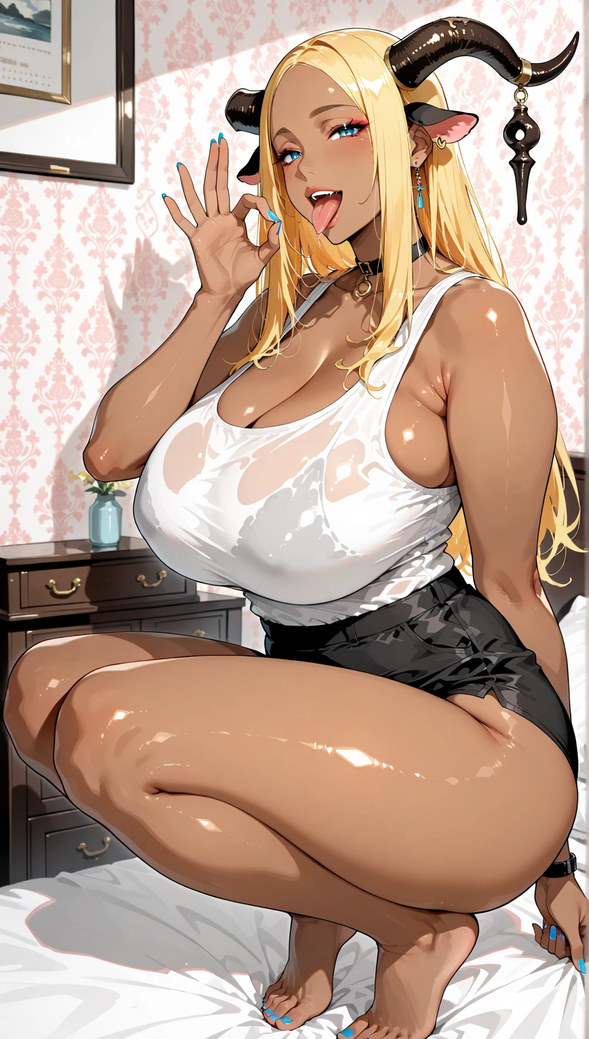 (nsfw),masterpiece,ultra detailed,sharp focus,high resolution,(night light at midnight,midnight,night,dark,:1.3),(tareme,adult female),(curvy body),gigantic breasts,adult body,high beams,seductive anime female,(off-the -shoulder black blouse,elegant frilled blouse,boots,short flare skirt,white skirt,naughty undies:1.1),necklace,earring,(blonde hair:1.2),(peace sign,double peace:1.1),(tanned skin:1.3),(blushed:1.3),(squatting on ground,spreading legs),(at off street,back alley:1),(armpit hair,pubic hair),(wet skin,smile,saliva,opening mouth:1.1),,(excessive cum in pussy,bukkake,cremapie:1.1),