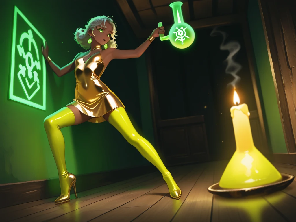 Mulher idosa carrasco da masmorra usando um longo vestido verde, possui cabelos ruivos crespos como um afro muito pequeno, round glasses and drooping breasts, desenhado como a arte oficial de jogo, estilo lembrando levemente anime, estilo splash arte de league of legends, mulher idosa sentada em cima de escravo, high quality, rosto detalhado, detailed hands