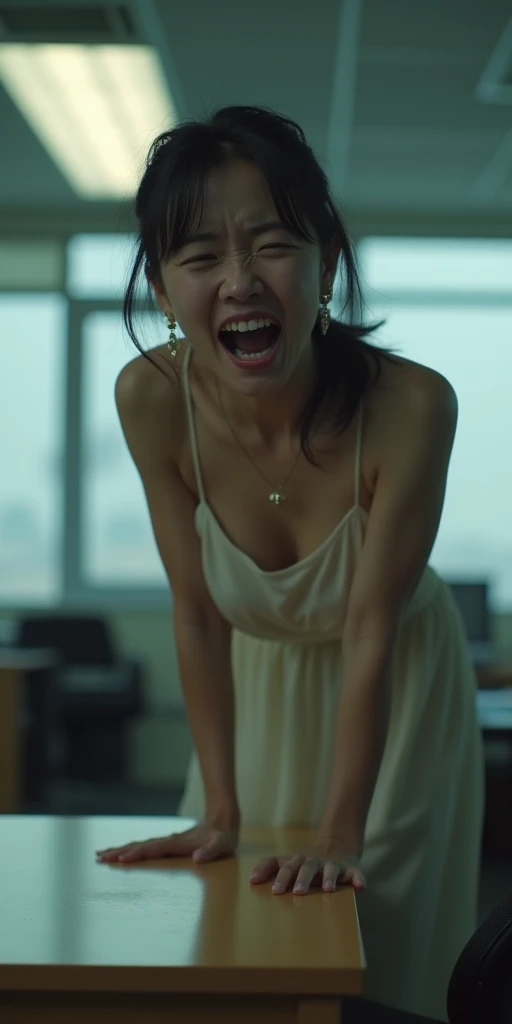 1 beautiful hot young Asian girl, dark green hair, black skirt, white silk blouse, revealing neckline, on all fours, on the ground, crowded disco at night, jewelry, tattoos, sitting on the ground, submissive, sad, crying, smeared make up, smeared mascara, dirty, tears, tears in her eyes, drugged, anxious, desperate, lost, abused, mouth open, cum on face, cum dripping from face, cum on breasts, cum on skirt, cum on ass, looking up, sexual assault, cum dripping on skirt, ass