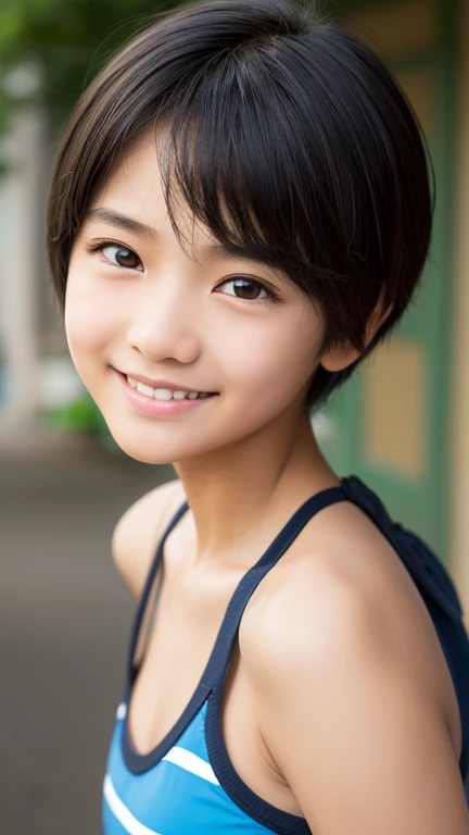 One girl,summer,Inside the room,Standing,Black Hair,Fluffy short hair,Navy Blue,Tank top,Chest line,smile,6th grade elementary school,Neat face,front,Look here,transparent,  Soft Light,(masterpiece, Highest quality), Structure of the film, Like a movie