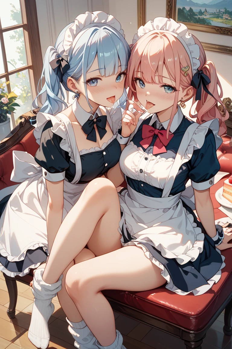 highest quality、masterpiece、((2 girls:1.5))、((smile:1.3))、(blush:1.3)、Black Shirt、blouse、((fun!!))、(Small breasts)、()、Blonde、(Long sleeve)、((White apron:1.5))、((Maid))、((hair ornaments)),、Kamimei、look at me、 ((in house:1.5))、 Taking a break from watching the audience、Cowboy Shot、(Skirt lift:1.3),(Highly detailed pink striped panties:1.3)、(Highly detailed panties:1.3)、、(スカート that rolls up:1.3)、(Panties fully exposed:1.5)、Light blue eyes、long hair、Glowing Eyes
