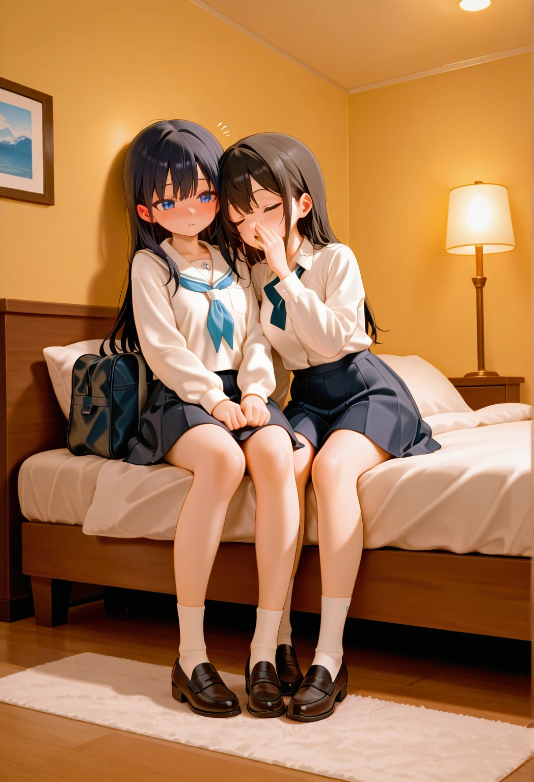 {Highest quality], [so beautiful], [Ultra-fine], [Best illustrations], Browsing Caution,Black Hair, Hime cut, Long Hair, With bangs, girl,high school student,uniform,knit,skirt,smile, blush, Slender women, Adult female,(public),,diagonal, Navy blue knee socks,Black Loafers.night,Health Room,Lying in bed feeling unwell