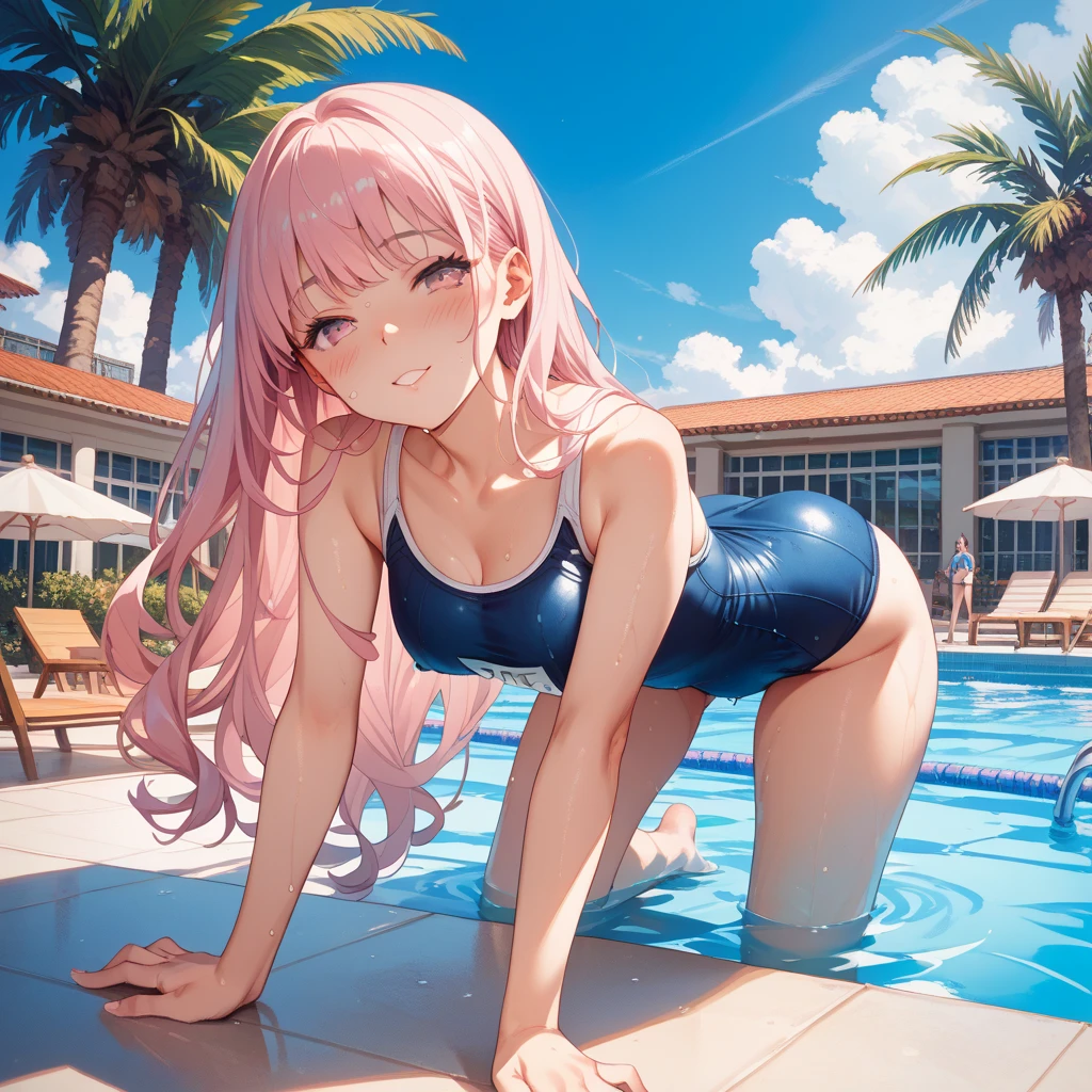 楽しそう、Full Body Shot、Semi-long hair、Pink Hair、Pale blue eyes、、Swimsuit、pool、Medium breast、、whole body、stick out your butt