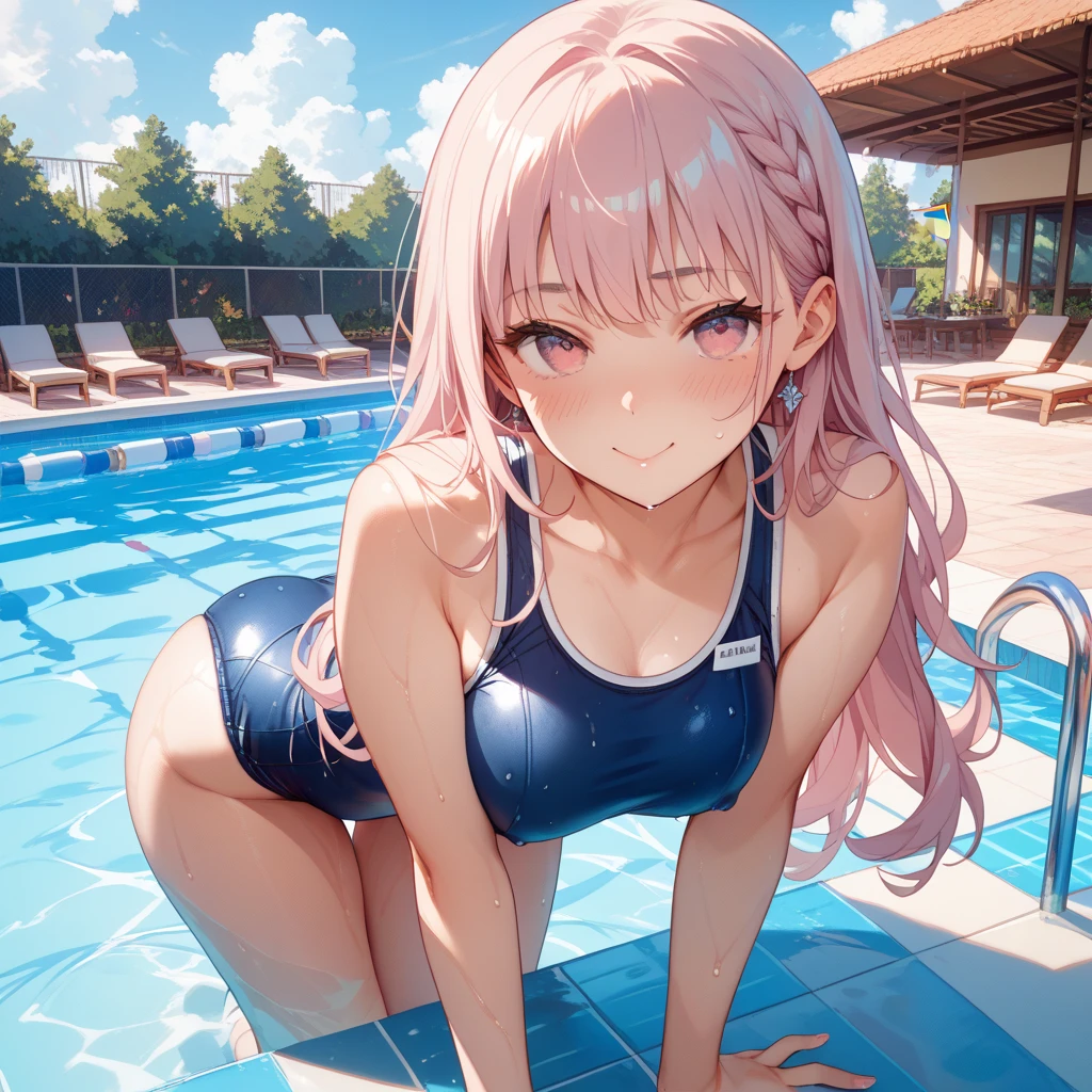 競泳Swimwear、ランダムなSwimwear、柄付きのSwimwear、Pink Hair、Spread your legs、I can see her pantieedium Hair、、Pale blue eyes、Head to toe full body、Blushing、Embarrassed look、Swimwear、Wet、Ocean