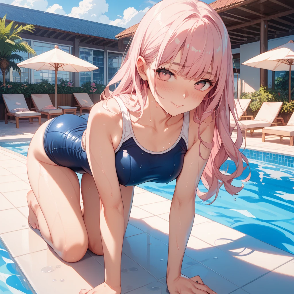 <lora:ddlc:1>, 1girl, solo, look at viewer, natsuki, pink eyes, pink hair, two side up, hair ornament, hair ribbon, small breasts, weat skin, swimming, embarrassed, (((blue swimsuit))), pool, outside, outdoors, sunny, parasol, ((masterpiece)), (best quality), 8k, ultra-detailed, absurdress, beautiful, highres, <lora:Blush:0.7>, blush, embarrassed
