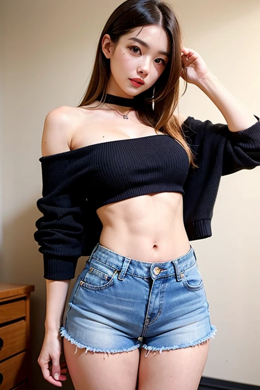 top-quality, masterpiece, hight resolution, 8K, (realisitic: 1.4), 超A high resolution, 1 girl taking a selfie in front of the mirror, ultra-detailliert, surreal, High Definition CG Illustration, Official Art, ciinematic light, Realisticity, Young beautiful girl, Perfect figure, Perfect figure, Full View, the perfect body, (from bellow: 1.3), masks, the pose, Sexy long legs, Confident、Beautiful Sexy、gray short sleeves、open abdomen,、Black Super Shorts、S-shaped body、 Upturned hips、Assuming、the pose、different perspectives