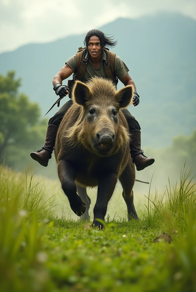 child ride the boar in the city, at night day, boar fashlight, Ugly boar