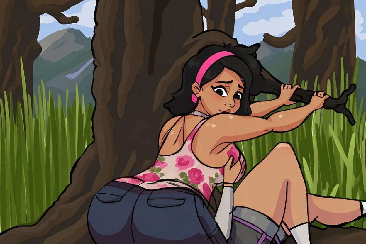 (masterpiece, best quality:1.3), Rizdraws, Thin Lineart, Soft Lineart, 1girl, solo, short straight black hair, black hair, bangs that go to the side down her face, large round glasses, over sized teal t-shirt, white skirt, pleated skirt, fishnet tights, dark skin, wide ass, panty shot, pink sparkly cotton panties, straight flat hair, park, sweaty ass, small smile, wind lift skirt