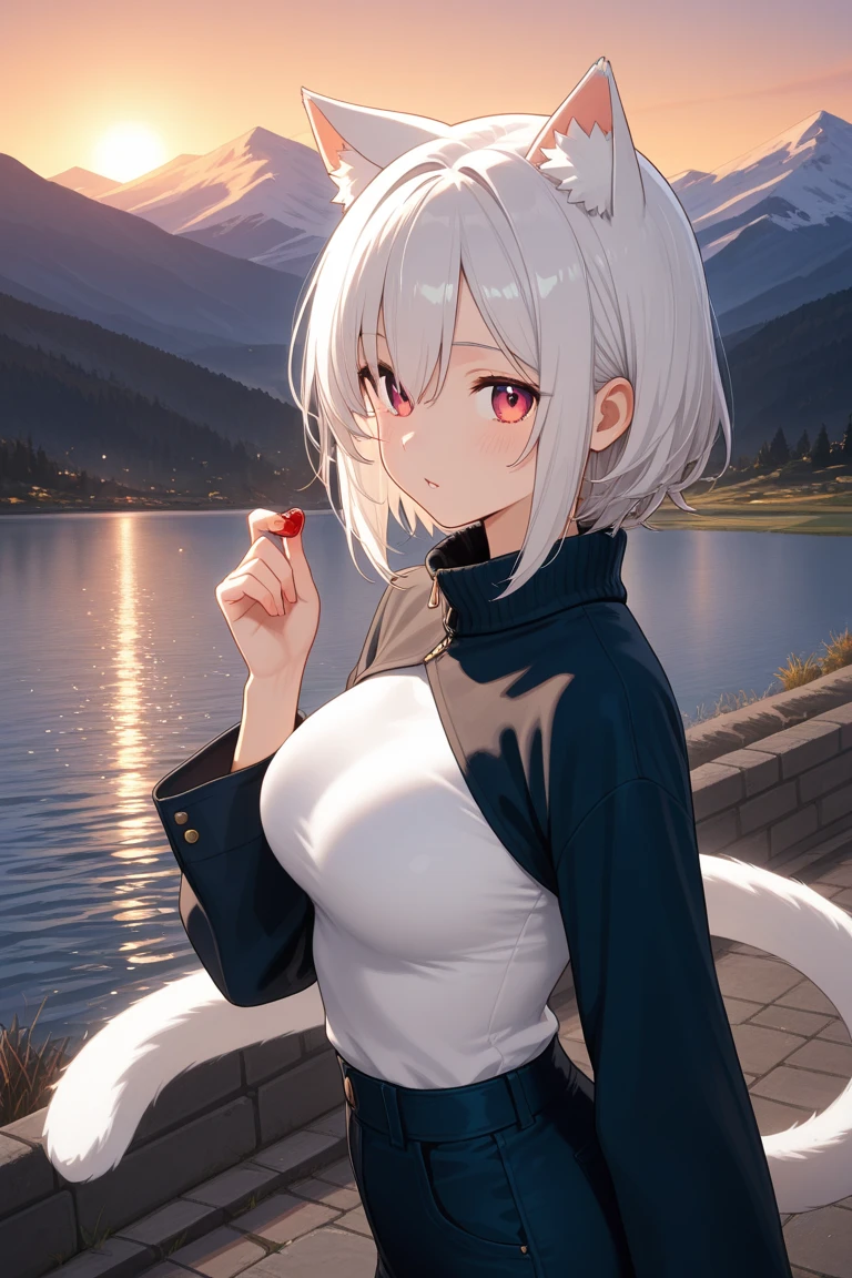 Facing the audience，(solo)，Very beautiful female，(medium view)，upper body，Smile，Blue and white hair，neat hair，Light blue eyes，Black Japanese kimono，bare neck，[big breast]，(masterpiece)，Falling snowflakes，(Snowstorm Background)，lots of storm，Extreme details，HD，Beautiful illustrations，Thriller)