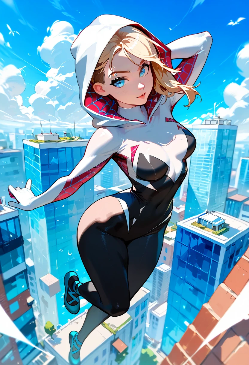 1girl, utsushimi kemii, boku no hero academia \\\\\ masterpiece, best quality, very aesthetic, absurdres, newest \\\\\\ slim body,///// ,by nyantcha,cutesexyrobutts , by khyle,,////// beautiful face, sexy, white knee-high boots, light brown hair ,plump and glossy lips, city, looking at viewer, close-up, dark brown eyes, cap, black catsuit with blending patterned lines and a zipper running down the middle, left slightly down to reveal her cleavage. She wears white cuffs around her wrists