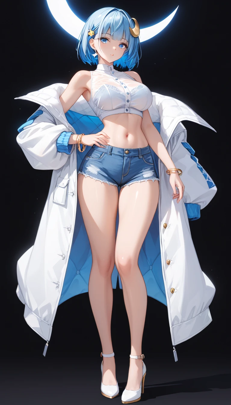 1girl、highest quality、Masterpiece、Official Art、The best composition、Character Design、vtuber-fullbody、Standing in front of the viewer、short hair、dark blue bikini、hot pants、barefoot、Smaller breasts、Wearing only bikinis、