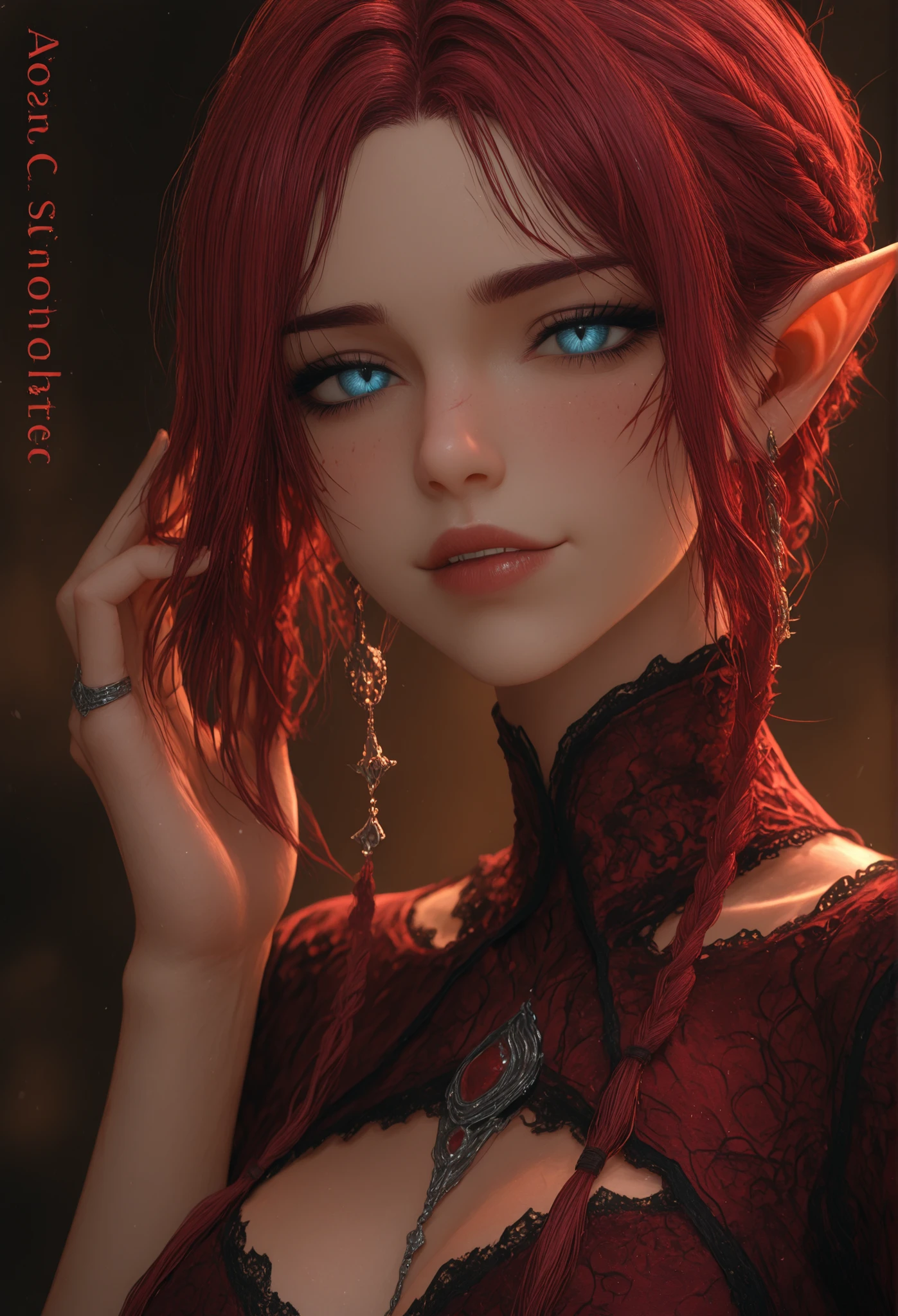 Character Name: Seraphina Valerius (Often referred to as "The Crimson Ice Queen")
Age: 28
Gender: half-elf Female
Appearance:
Hair: Long, flowing, red and the color of freshly spilled blood. It cascades down her back, often styled in intricate braids or elaborate updos that showcase its vibrant hue.
Eyes: Piercingly cold, a shade of glacial blue that seems to hold no warmth. They are sharp and observant, constantly assessing and dissecting those around her.
Build: A figure sculpted for power and allure. Seraphina possesses curves that hint at sensuality, yet she carries herself with an athletic grace that speaks of strength and agility. Her movements are deliberate and controlled, each step exuding confidence.
Face: Exquisitely beautiful, with high cheekbones, a sharp jawline, and full lips that often curve into a knowing smirk. Her beauty is both captivating and intimidating, the kind that stops people in their tracks but also makes them wary. She has a small, barely noticeable scar just above her left eyebrow, a memento from a past conflict.
Attire: Seraphina favors dark, elegant clothing. Think tailored gowns in deep reds, blacks, and silvers, often adorned with intricate embroidery or subtle embellishments. She wears jewelry sparingly, but each piece is carefully chosen to enhance her presence and project an image of power. A silver ring shaped like a serpent is her signature accessory, always worn on her right hand.