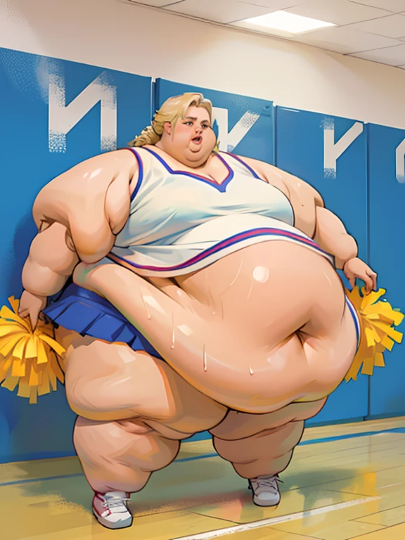 Emilia Clarke, cheerleader outfit, on football field, bare belly, pleated miniskirt, tight clothing, sexy pose, thin body, small breasts, (gigantic breasts:1.5) obese belly, (obese belly:1.5),