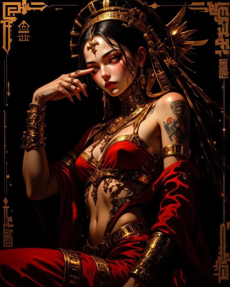1 woman. Beautiful young woman. 25 years old. Beautiful arabian shaman. White skin. Powerful arabian shaman. Hogwarts. Shaman professor. Arabian shaman hat. Black hair. Red sexy transparent shaman suit no pants. No bra. No underwear. Red arabian shaman niqab. Flat chest. Red ruby large necklace. Red shaman room. Beautiful face. Standing pose. Creepy statue. Red temple. Witchcraft sign on the wall. Smile.