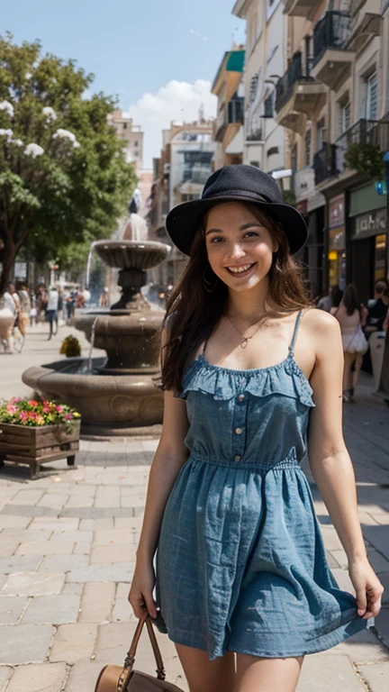 beautiful image of a girl realistic eyes black long hair ivid colors, beautiful girl, piazza di spagna square, lively atmosphere, charming architecture, colorful flowers, happy people, stunning view, cozy cafe, outdoor dining, sunny weather, elegant dress, stylish hat, joyful expression, long flowing hair, vibrant street performers, bustling crowd, street musicians, mouthwatering food stands, historical landmarks, mosaic pavement, decorative fountains, palm trees, blue sky, warm sunshine, laughter and laughter, carefree moments