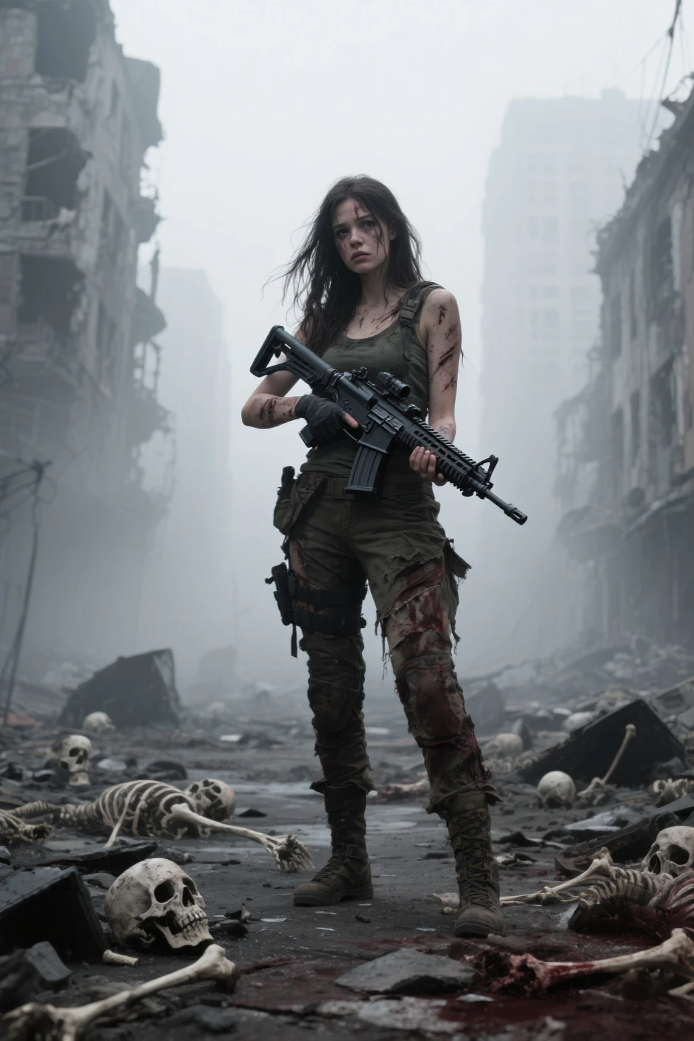 an undead zombie woman, wearing a worn and torn ordinary military uniform, wanders among the rubble in a post-apocalyptic scenario, we glimpse mutant creatures affected by radiation